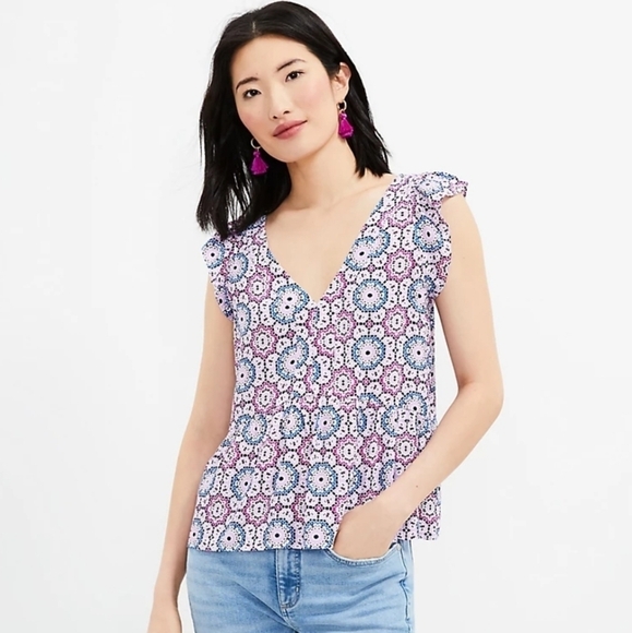 NWT LOFT Petite Mosaic Flutter Peplum Top S - Picture 1 of 11
